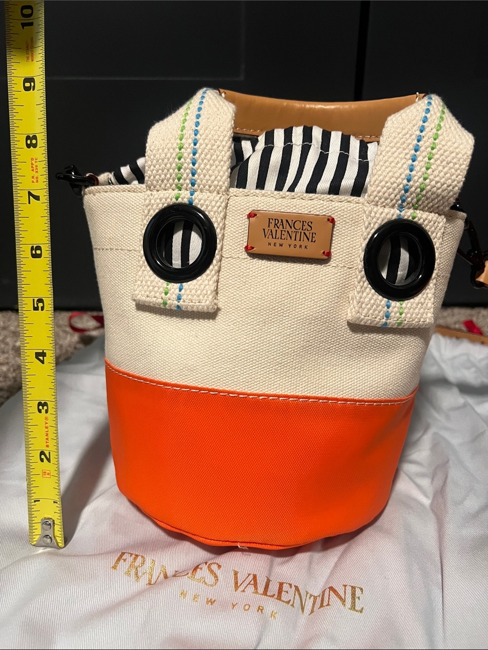 NWT Frances Valentine Cream and Orange Canvas Bucket Crossbody Bag - Picture 8 of 9